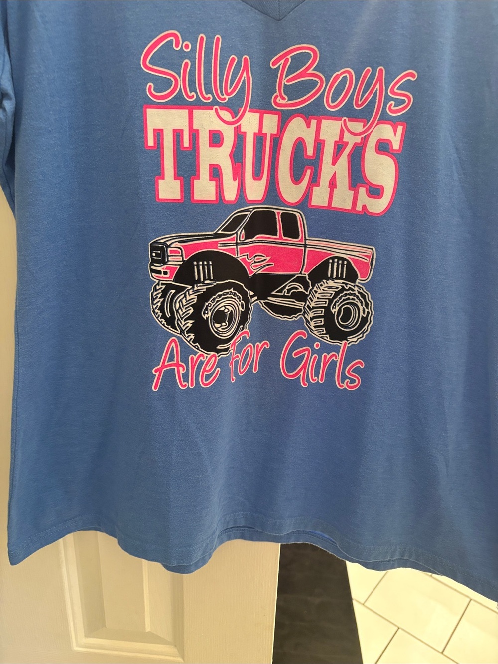 Gildan Blue V‑Neck Tee with Pink Truck Graphic